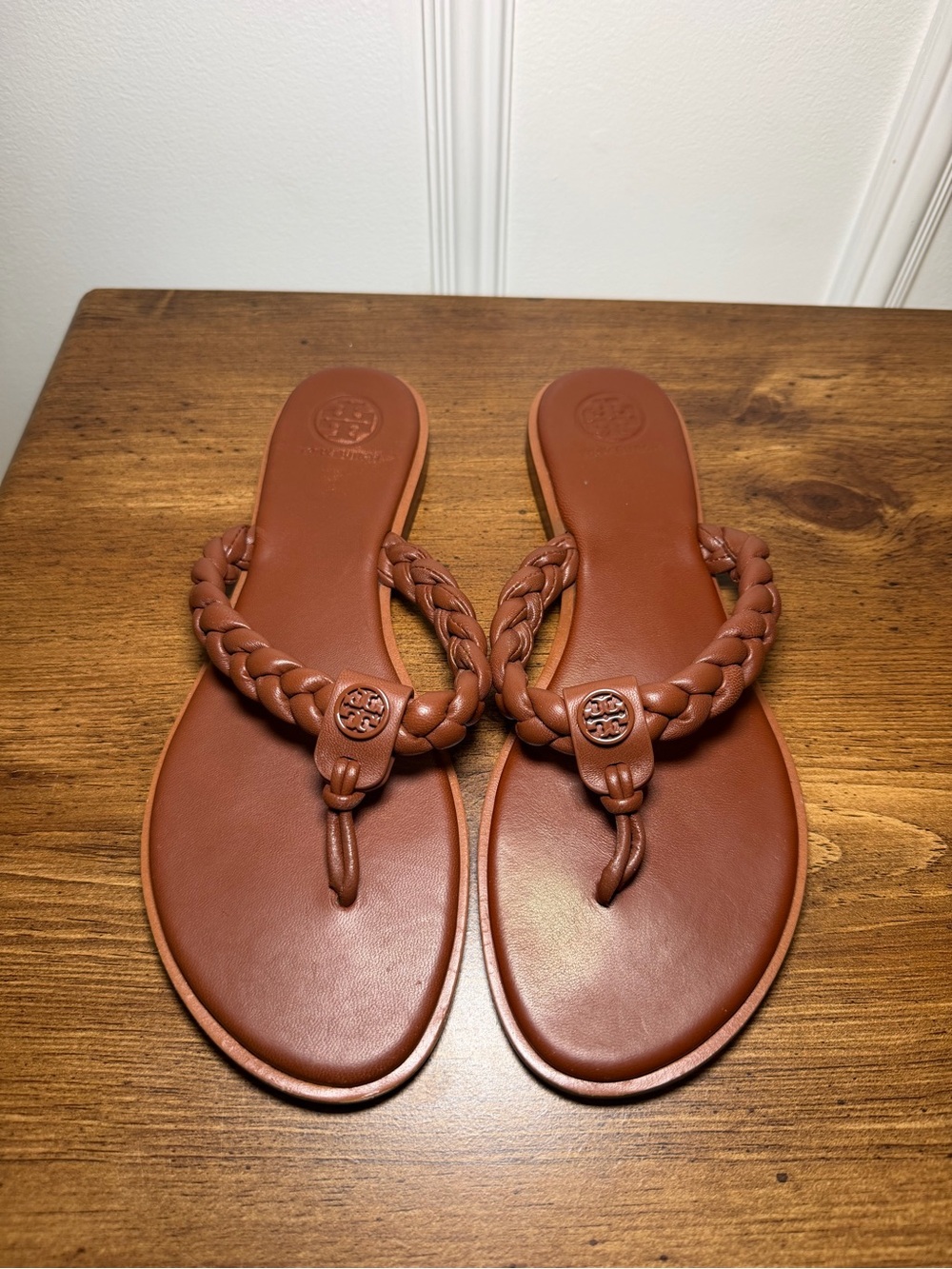 Tory Burch Cognac Brown Braided Leather Thong Sandals